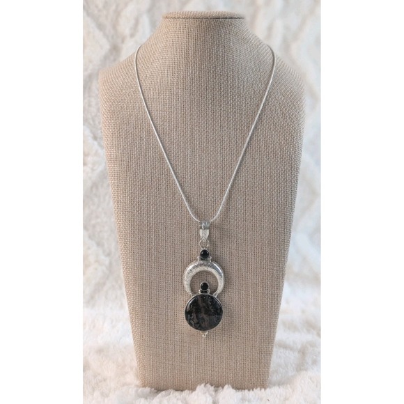 Sterling Silver Jasper Onyx Modern Circle Pendant Necklace 925 Artisan 24" - Picture 2 of 7